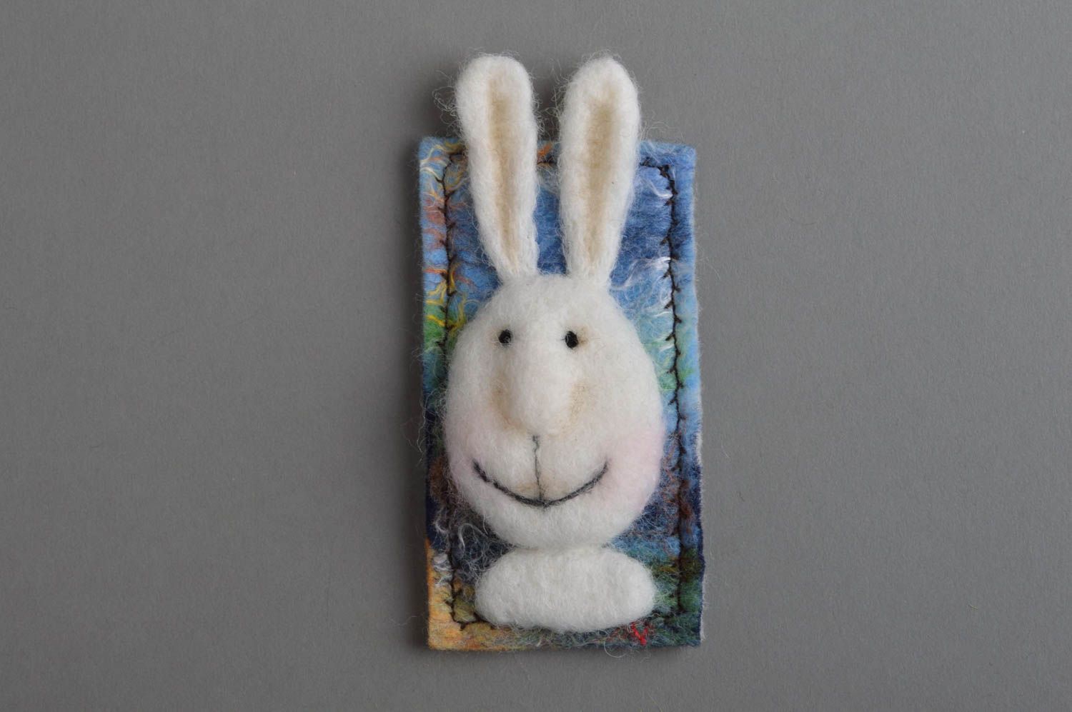 Wool felting fridge magnet with white bunny small beautiful handmade home decor photo 3