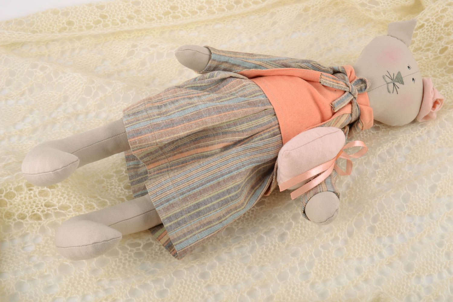 Handmade designer natural fabric soft toy cat in striped skirt with heart photo 3