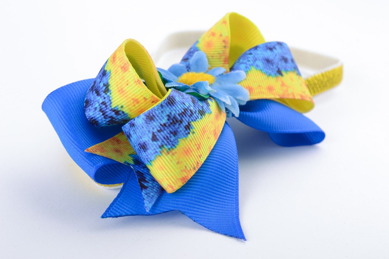 Blue and yellow handmade satin ribbon flower hair strap photo 5