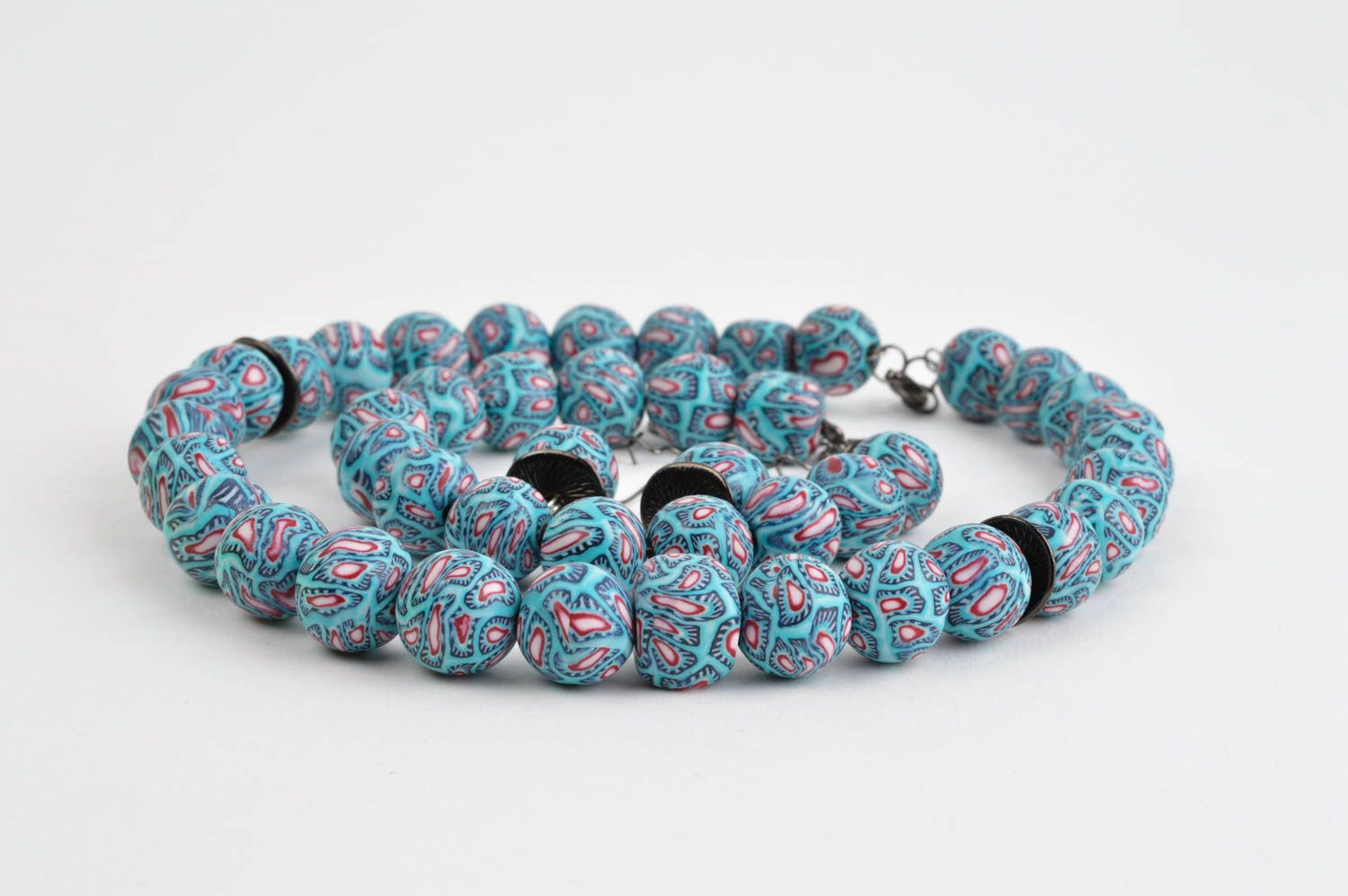 Set of pale blue link beaded bracelet and earrings for women photo 3