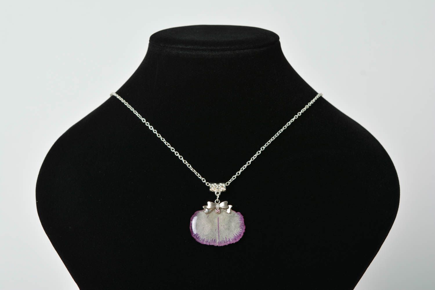 Handmade gentle pendant necklace with dried flowers and epoxy coating on chain photo 2