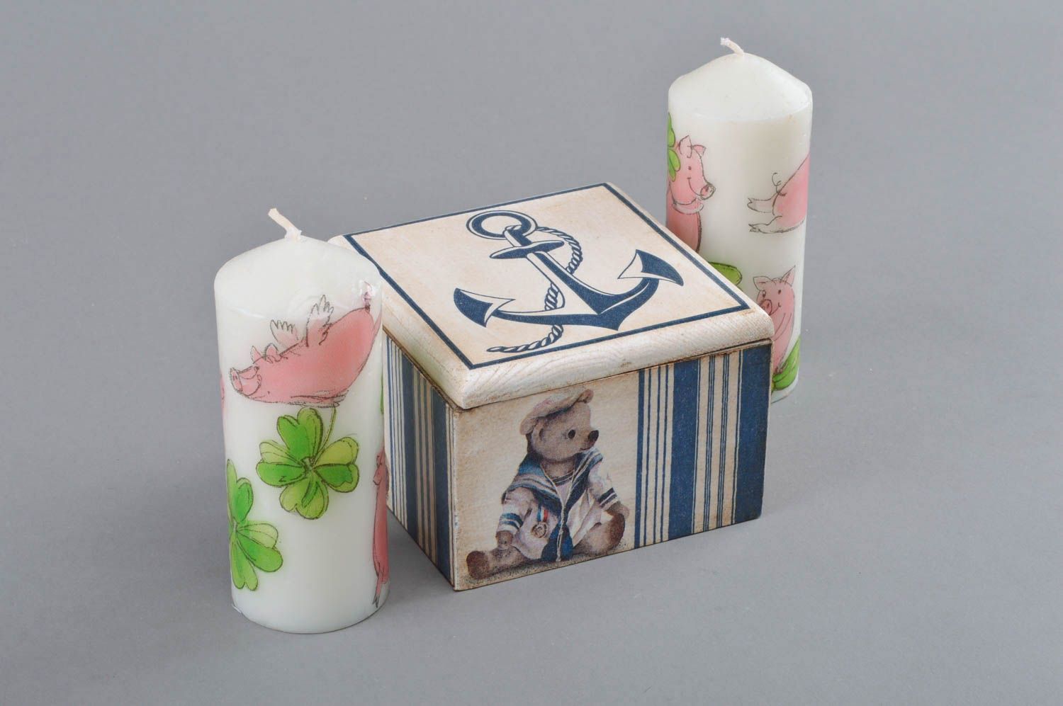 Handmade decorative decoupage small square wooden jewelry box in marine style photo 1