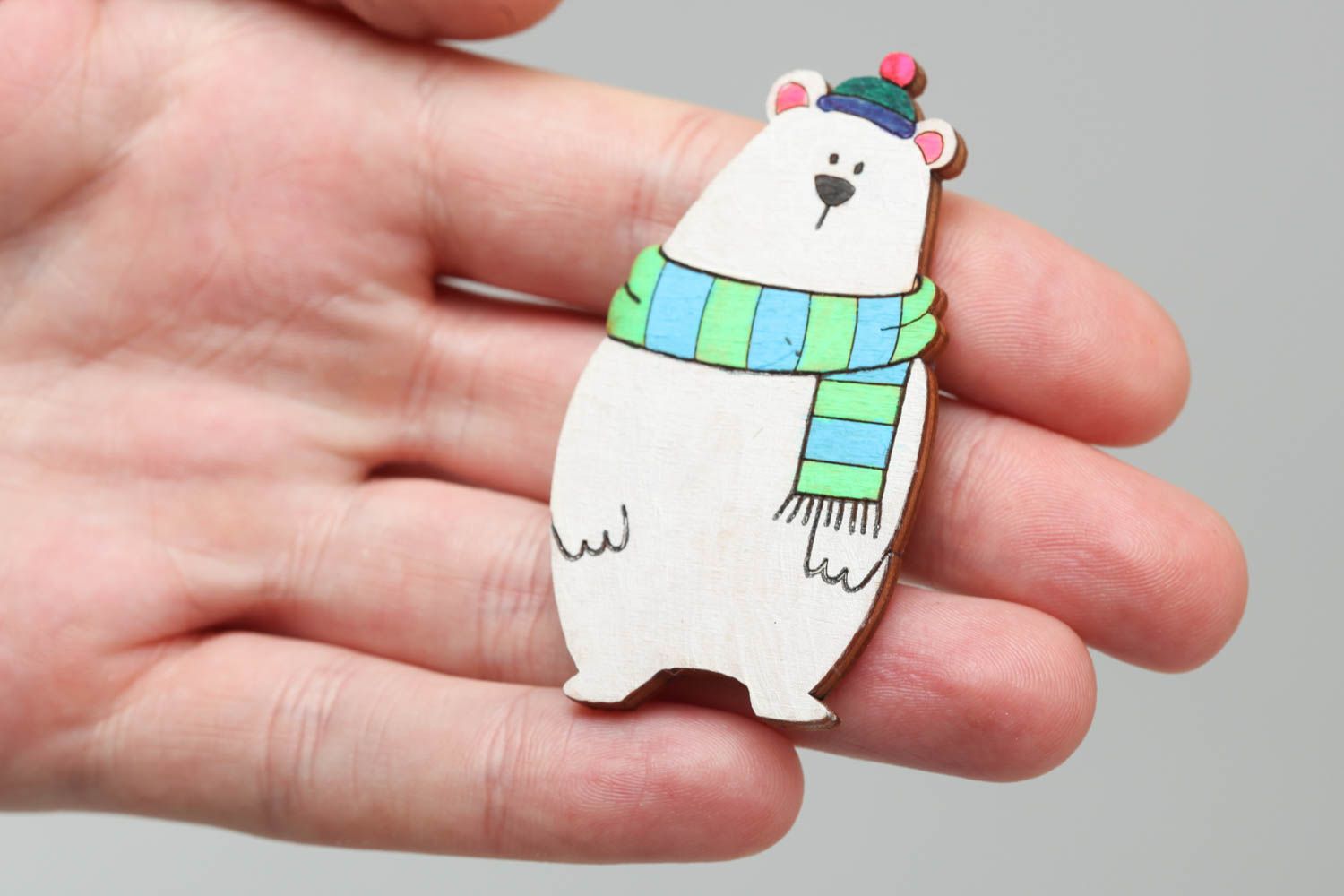 Plywood brooch painted with acrylics white bear handmade accessory for baby photo 5