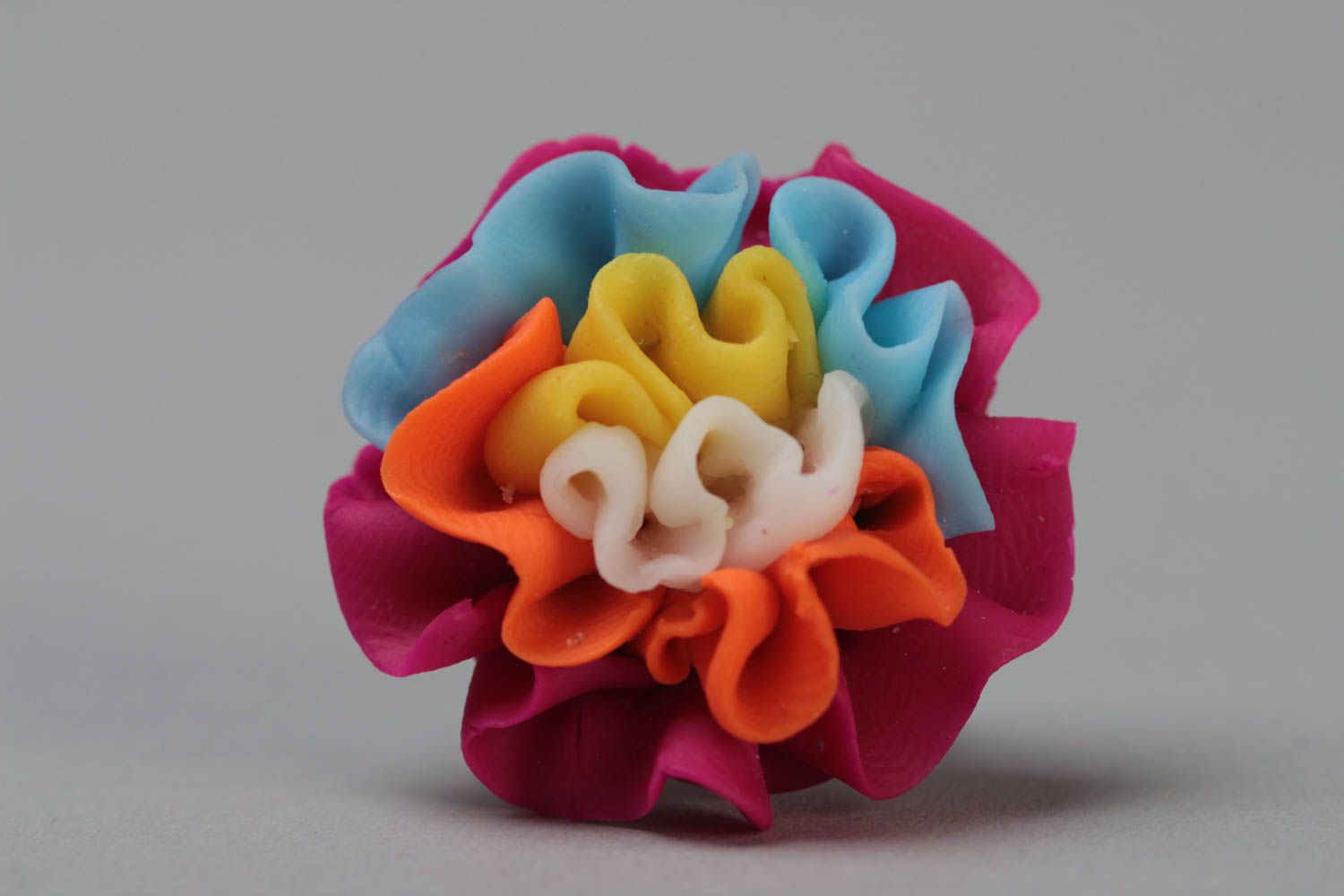 Handmade designer polymer clay jewelry ring with volume flower and metal basis photo 2