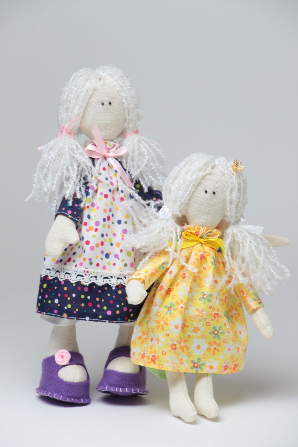 Set of 2 handmade designer fabric soft dolls in yellow and violet dresses photo 2