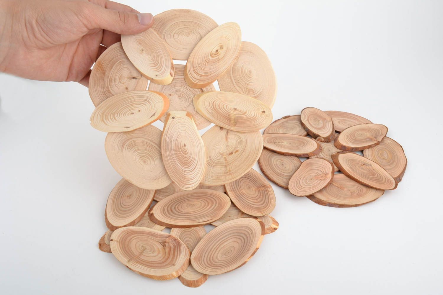 Set of 3 handmade eco friendly wooden trivets of different sizes for hot pots photo 2