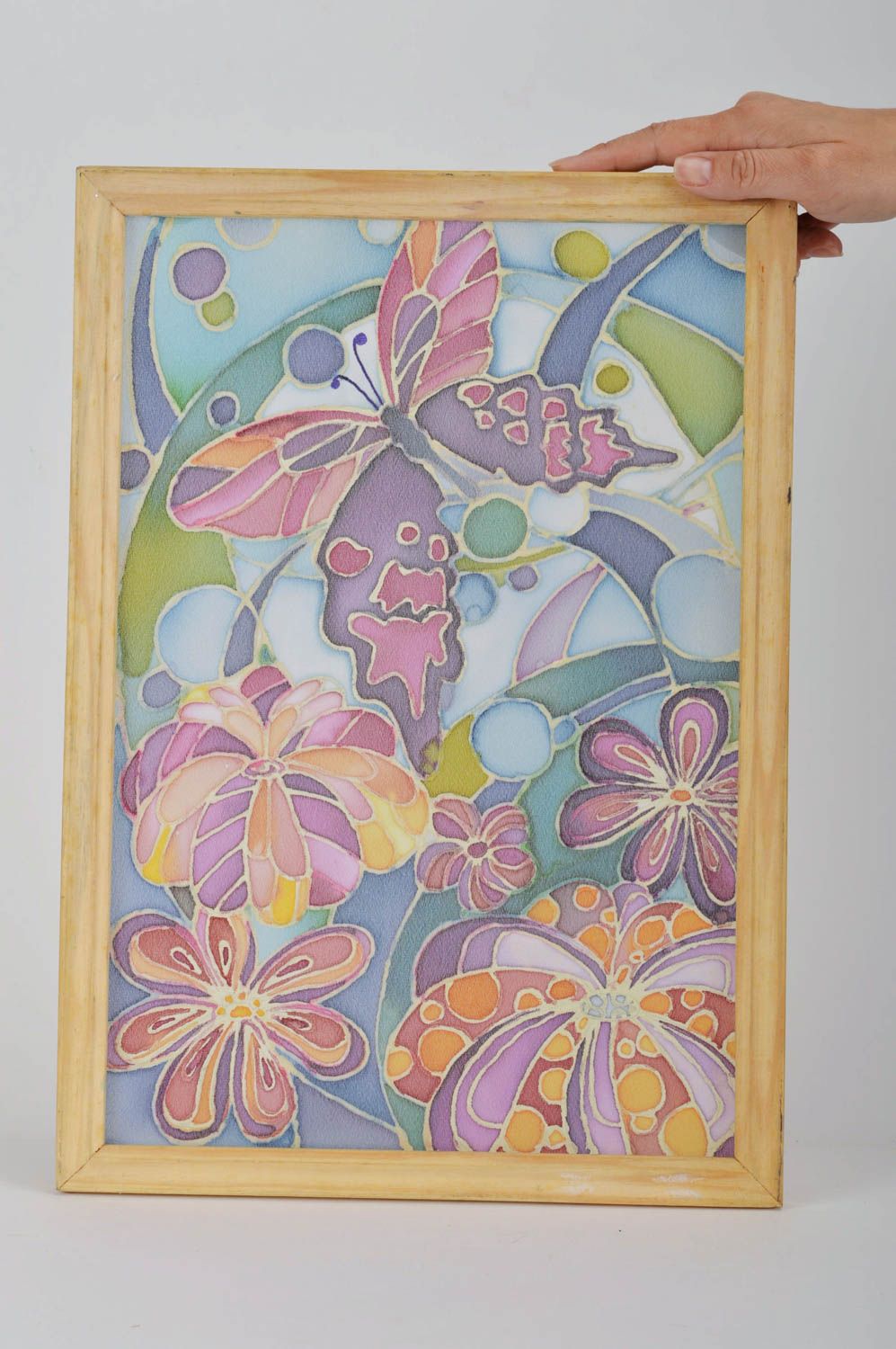 Handgemachtes Stoff Wandbild in Batik im Holzrahmen bunte Blumen für Dekoration foto 3