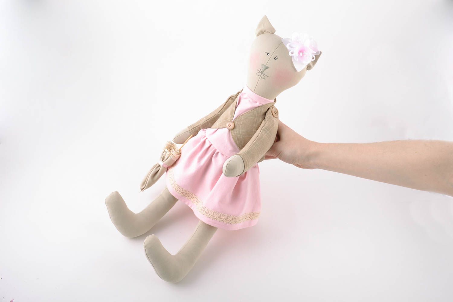 Handmade linen fabric small soft toy cat in pink sundress with flower hair cli photo 2