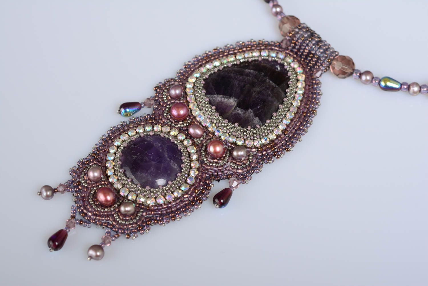 Handmade designer necklace with pendant embroidered with beads with amethyst photo 2