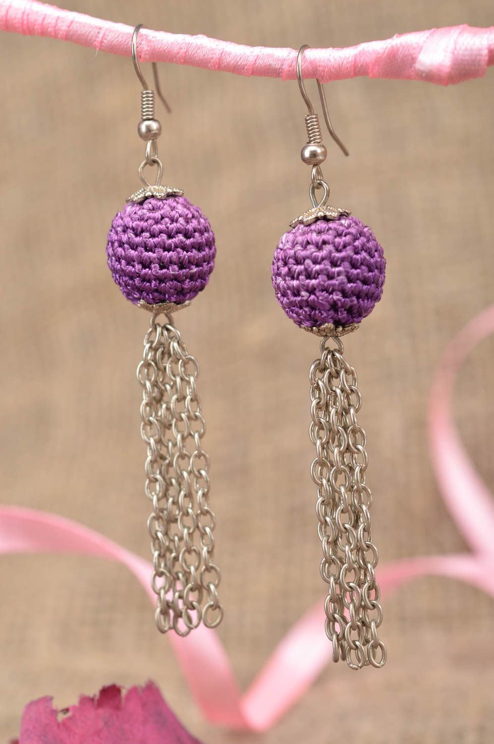 Beautiful homemade design long earrings with lilac crochet over beads and chains photo 1