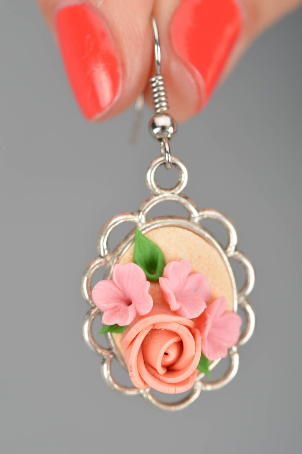 Oval earrings with charms made of polymer clay in the form of flowers hand made photo 3