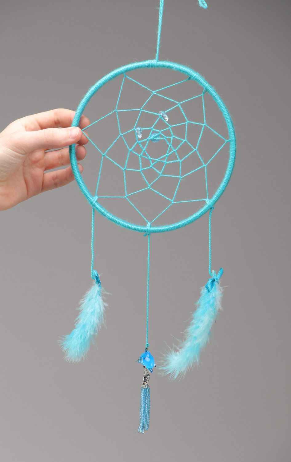 Blue handmade amulet dreamcatcher wall hanging with feathers and dolphin  photo 5