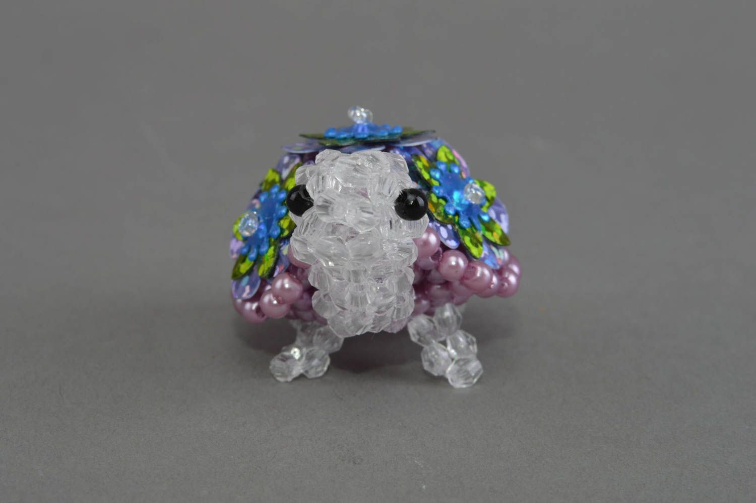 Handmade small decorative bead woven statuette of turtle with flowers for home photo 4