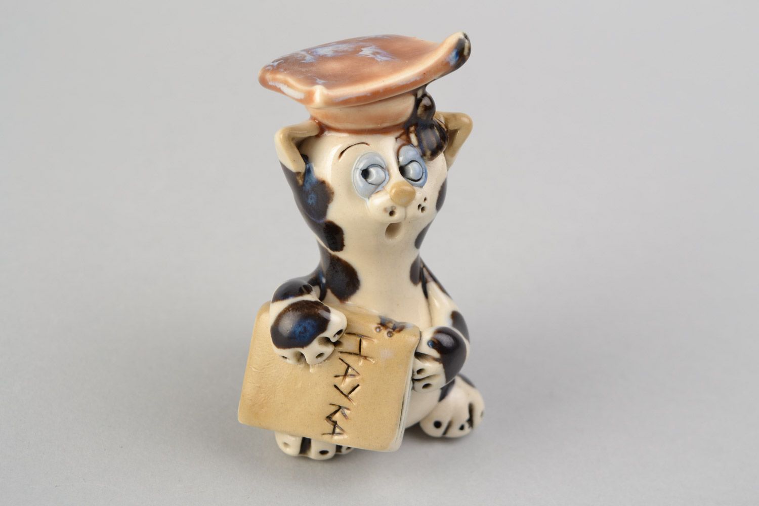 Petite figurine en céramique peinte blanc-brun faite main original Chat savant photo 4