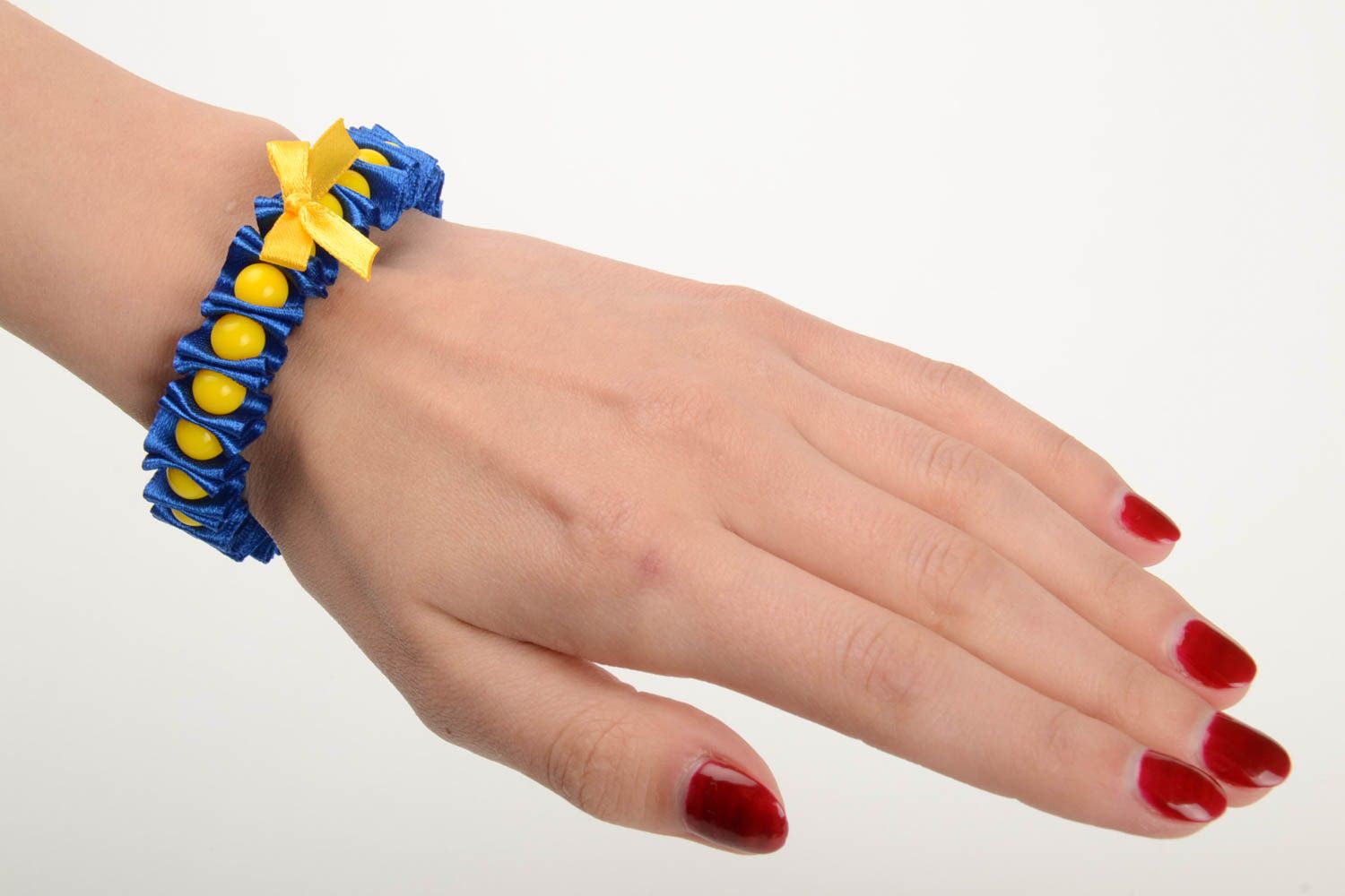 Handmade blue satin ribbon woven bracelet with plastic beads Ukraine photo 5