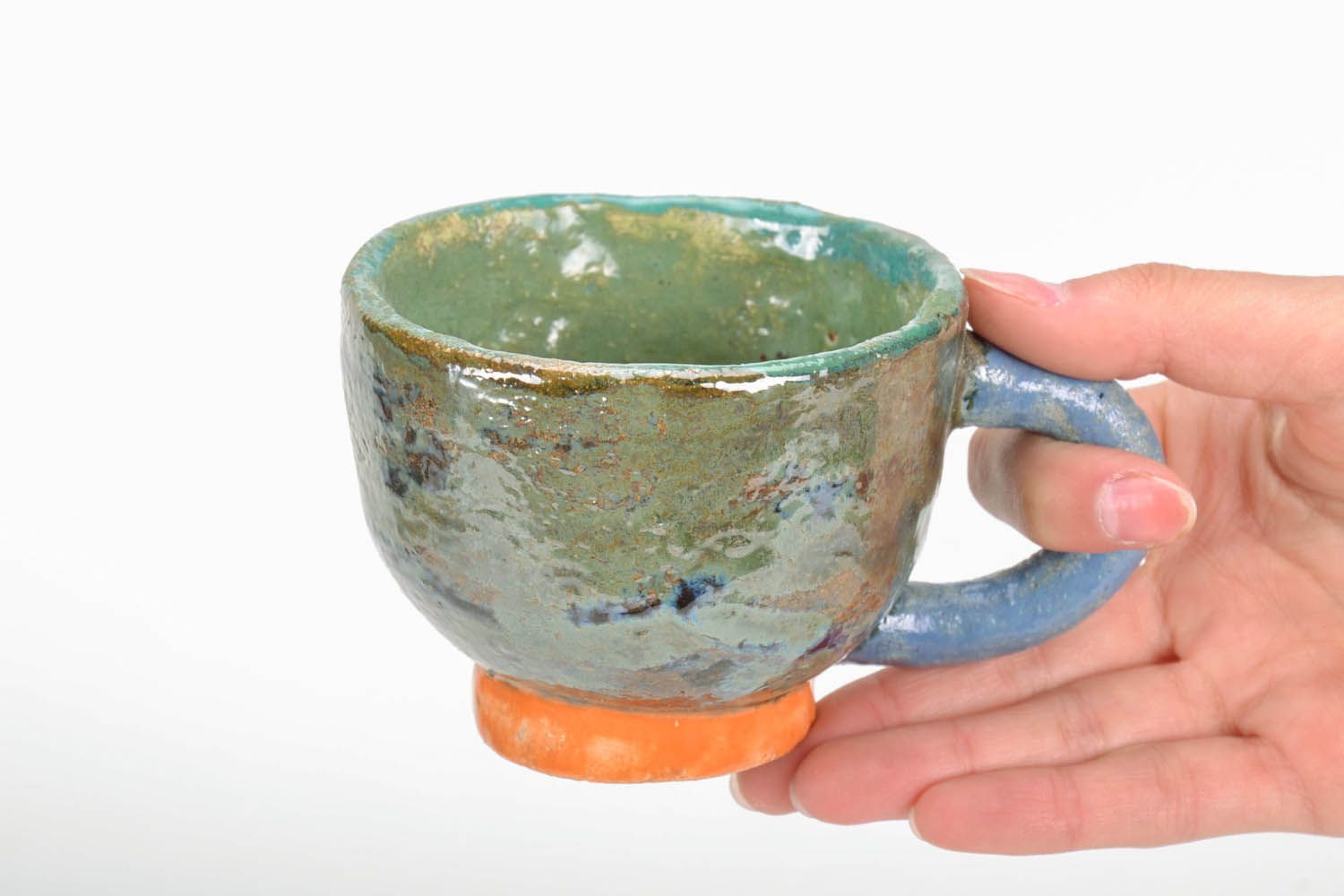 5 oz glazed hand-molded clay drinking cup in green, orange, blue color photo 5