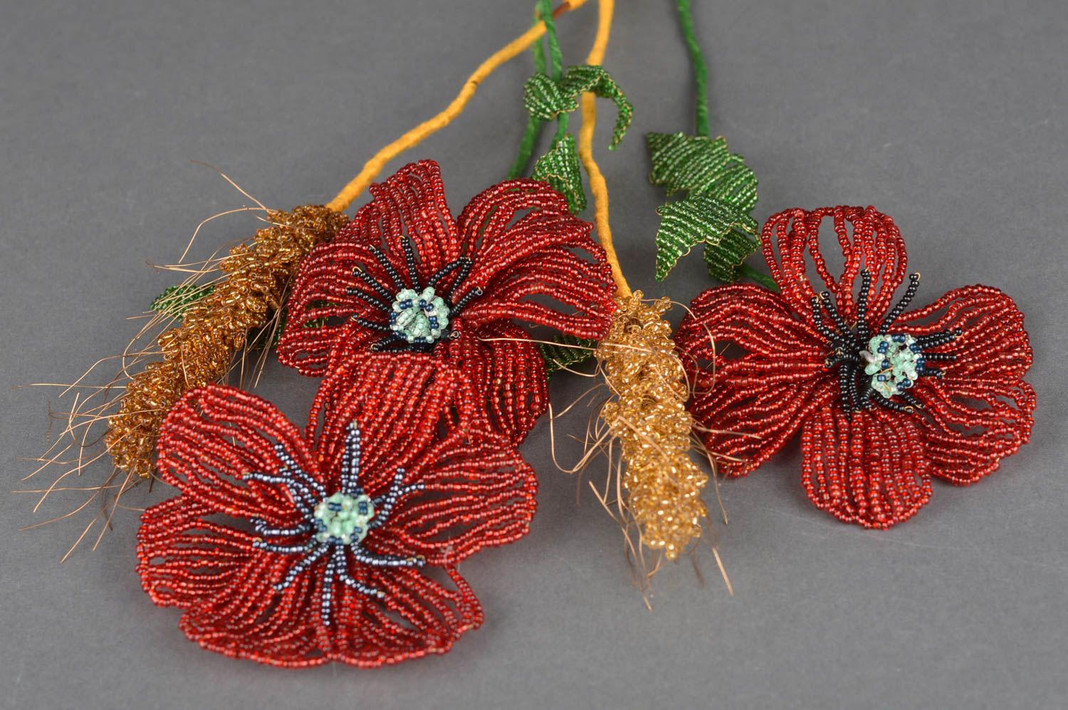 Decorative flowers made of beads Wild bouquet 3 poppies and 2 spikelets photo 5