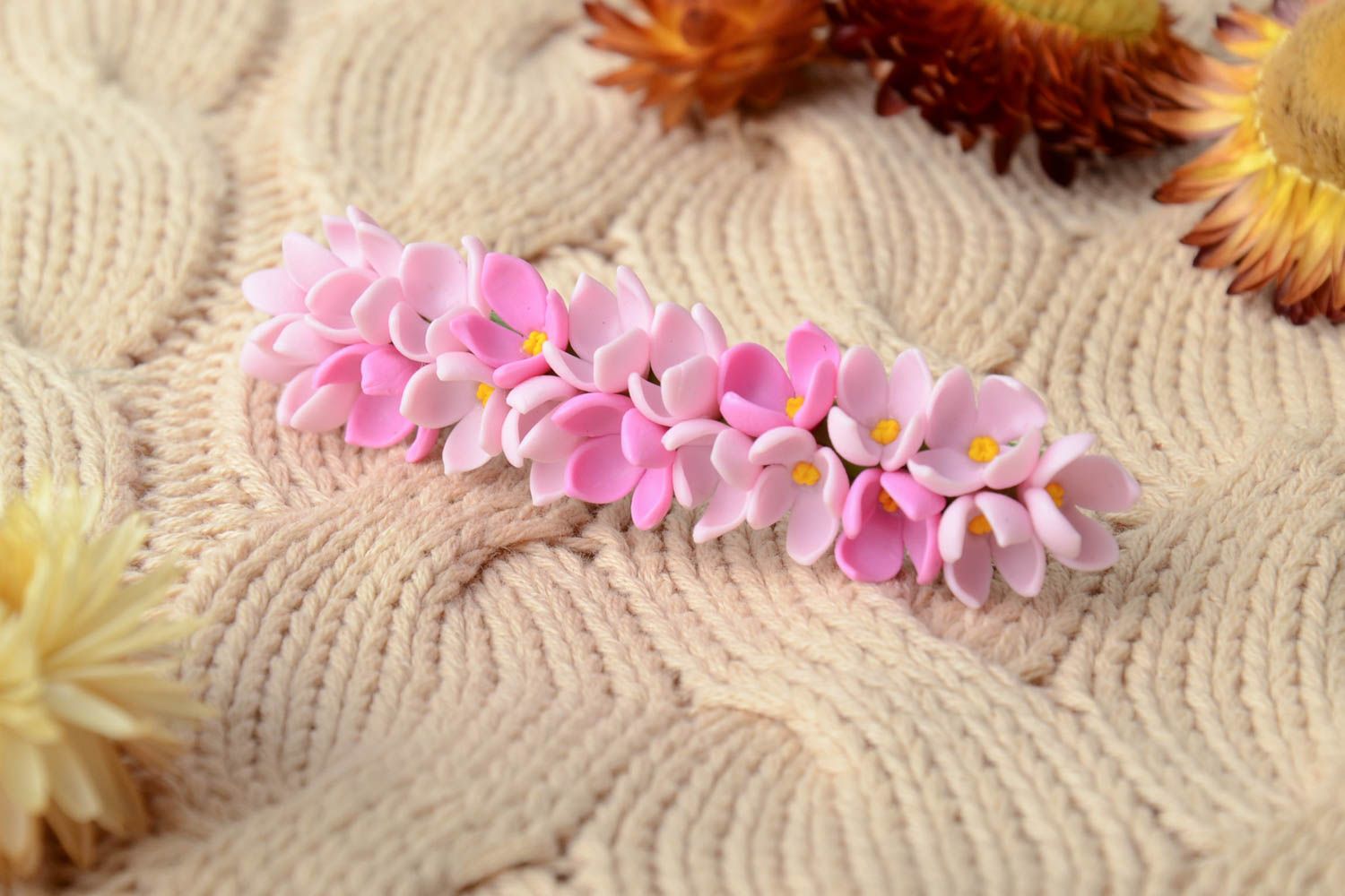 Handmade decorative hair clip with tender pink cold porcelain flowers for girls photo 1