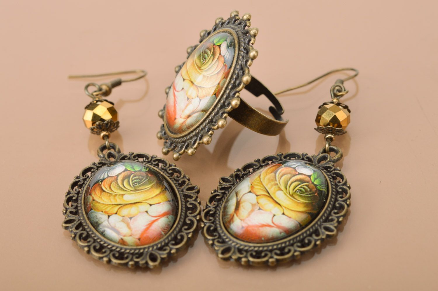 Handmade metal jewelry set 2 items long earrings and ring Vintage photo 2