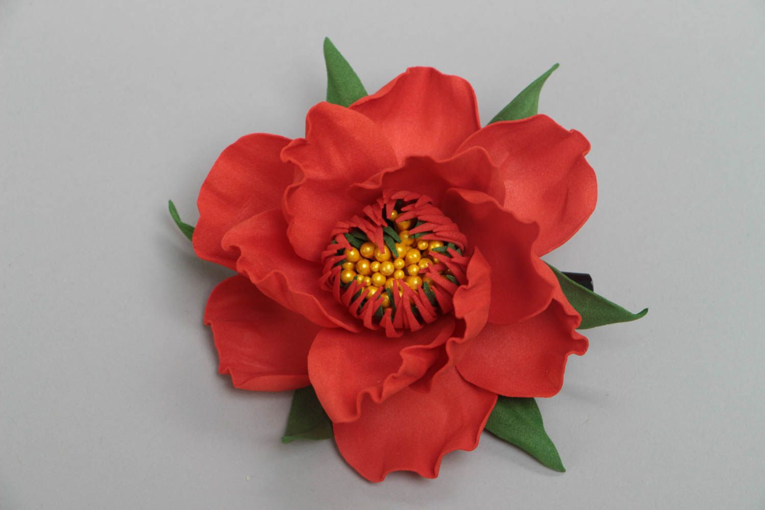 Handmade designer hair clip with large volume foamiran flower of red color photo 2