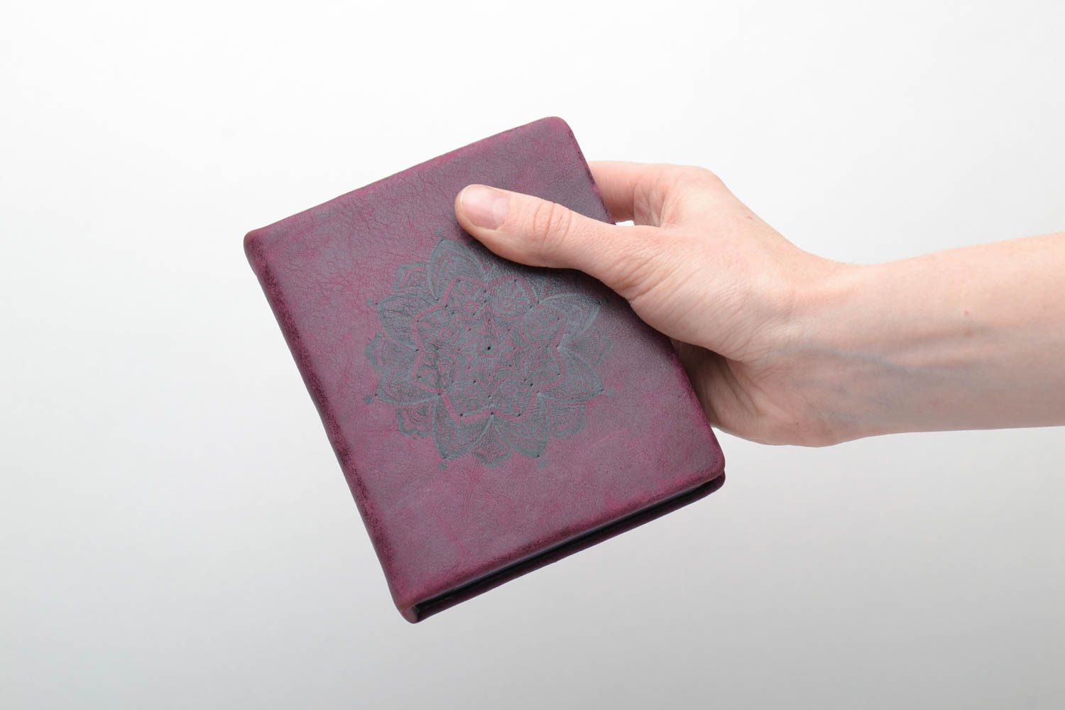 Leather business card holder with pattern of cherry color photo 1