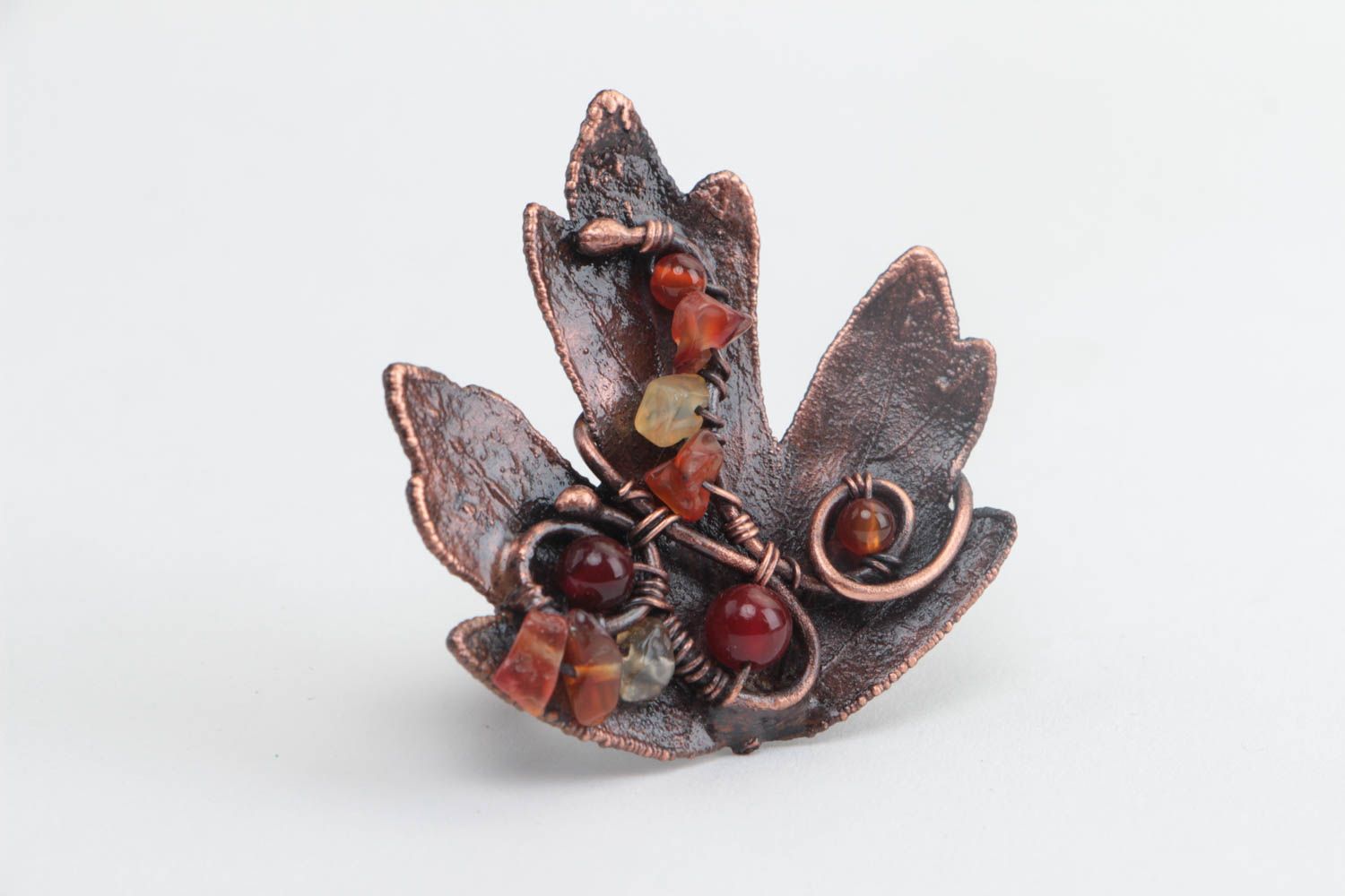 Handmade designer copper jewelry ring with natural cornelian stone photo 2