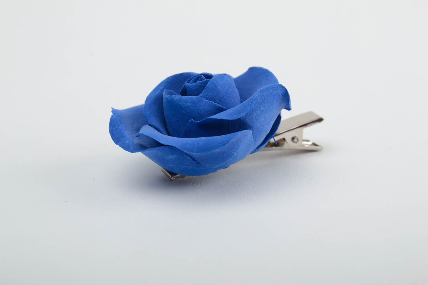 Handmade decorative hair clip with small dark blue polymer clay rose flower photo 4