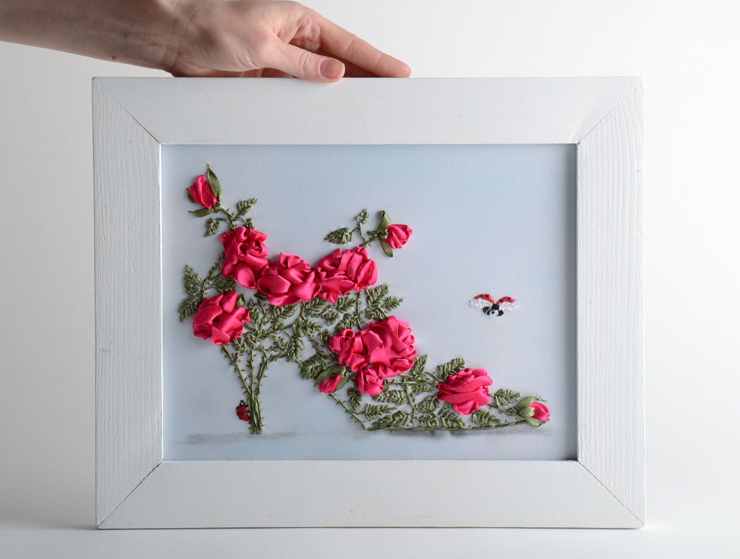 Unusual handmade satin ribbon embroidery for wall decor Flower Shoe photo 5