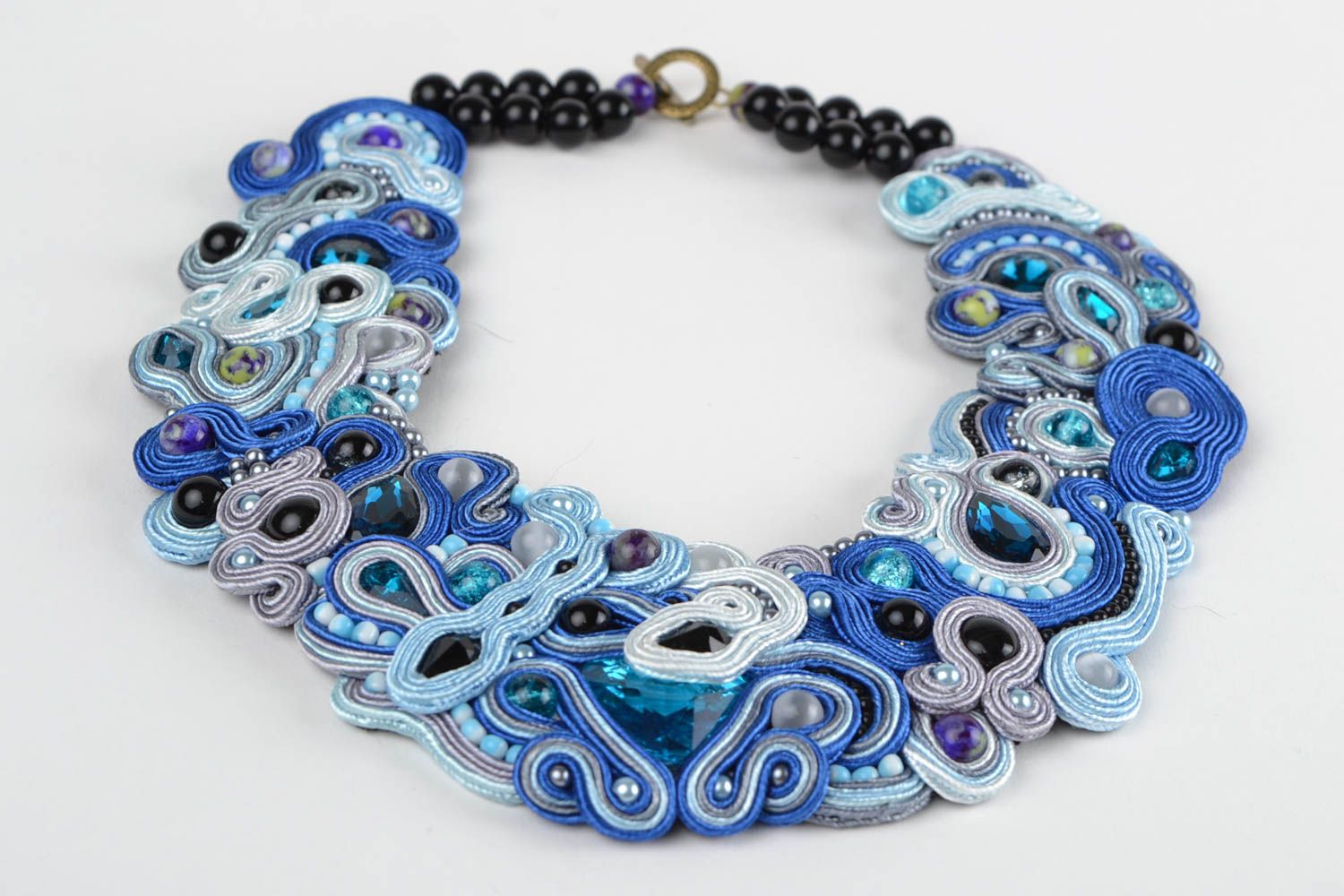 Blue handmade soutache necklace with natural stone and strasses photo 3