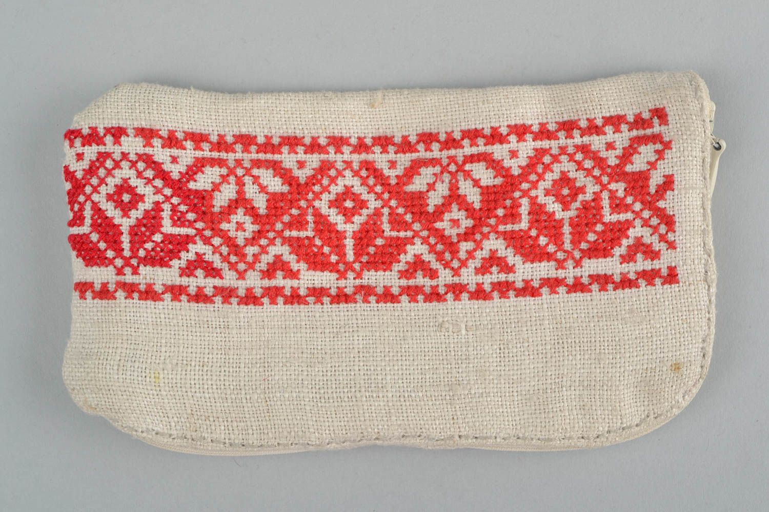 Handmade designer hemp fabric phone case with red cross stitch embroidery photo 4