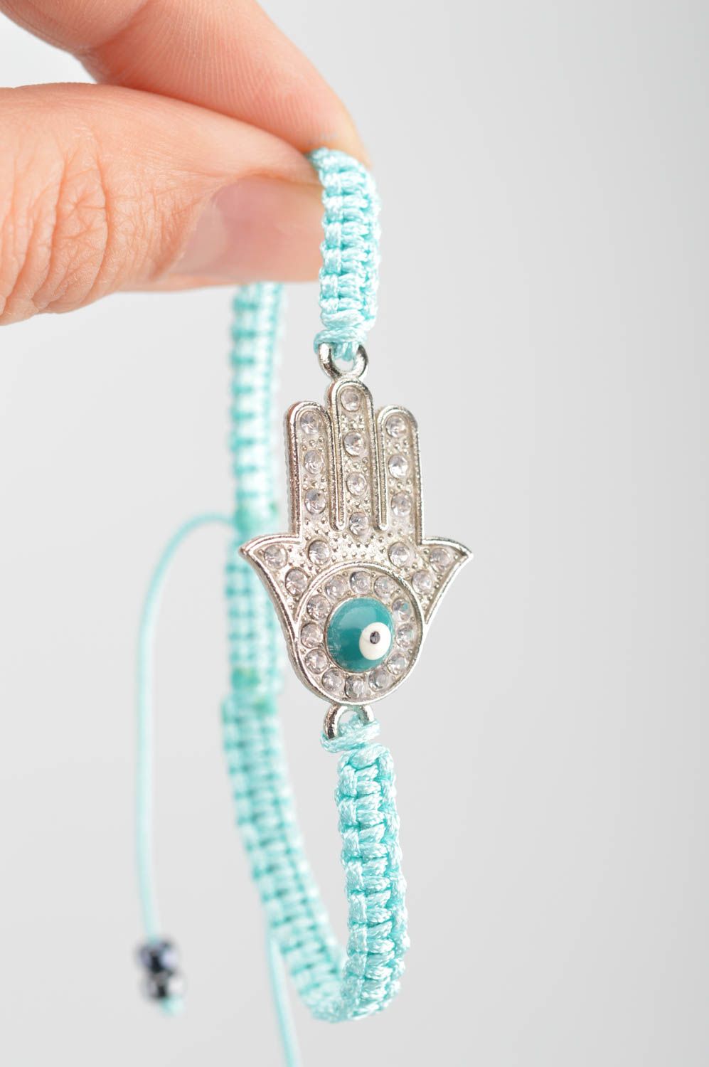 Blaues dünnes geflochtenes Armband aus Seide mit Hand der Fatima handmade foto 3