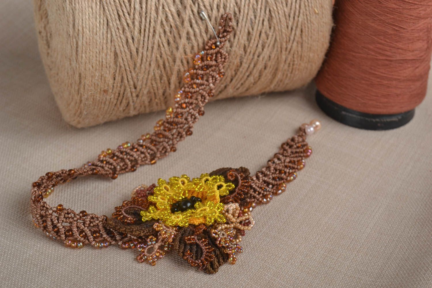 Unusual handmade woven lace necklace brooch jewelry textile jewelry set photo 1