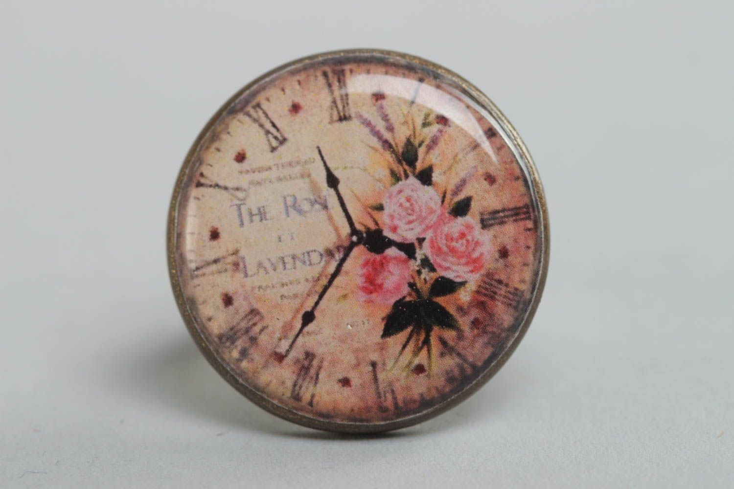 Handmade designer round metal and glass glaze jewelry ring with clock image photo 3