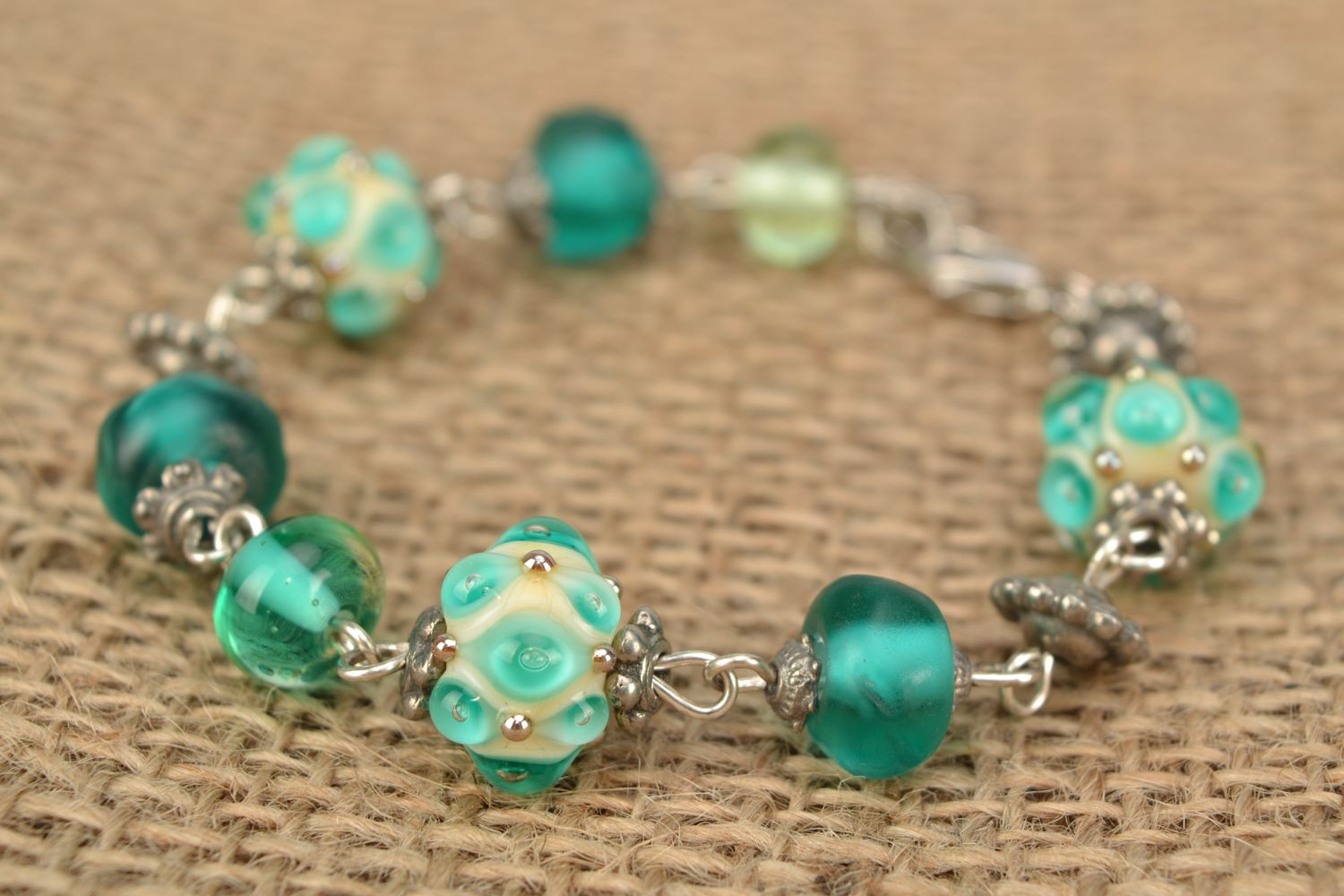 Beautiful lampwork glass bracelet of turquoise color photo 2