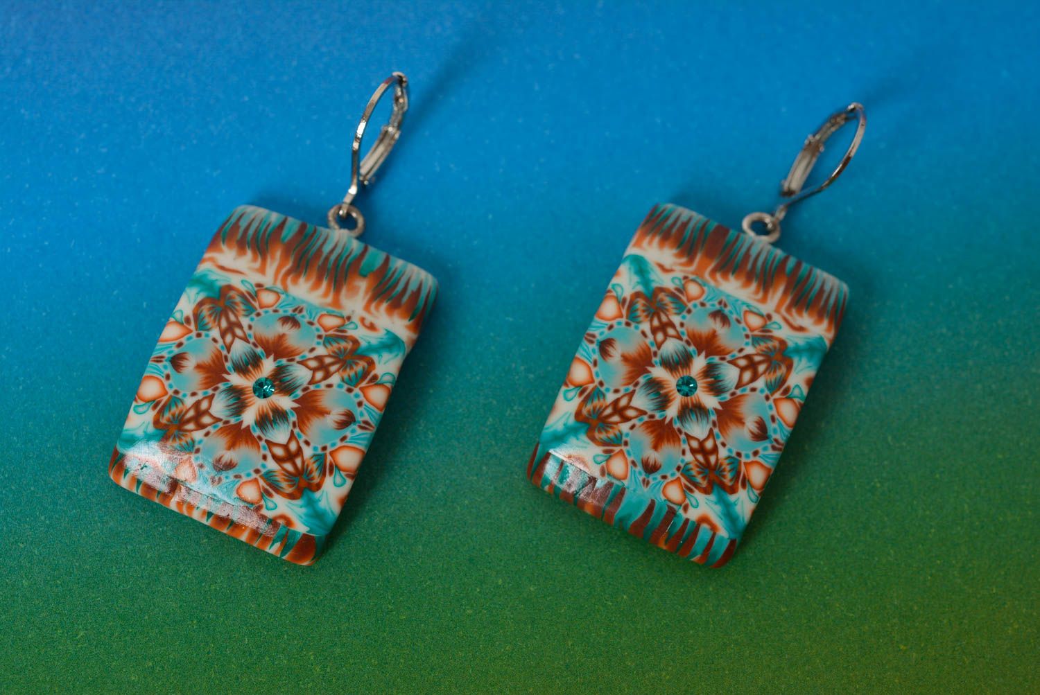 Handmade unusual rectangular polymer clay dangle earrings with colorful ornament photo 1