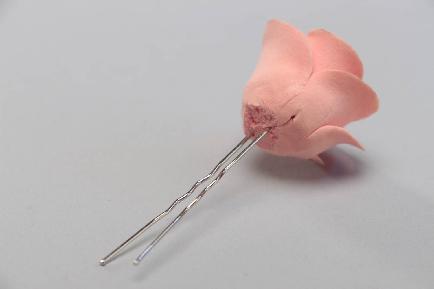 Handmade decorative hair pin with polymer clay rose flower of pink color photo 3