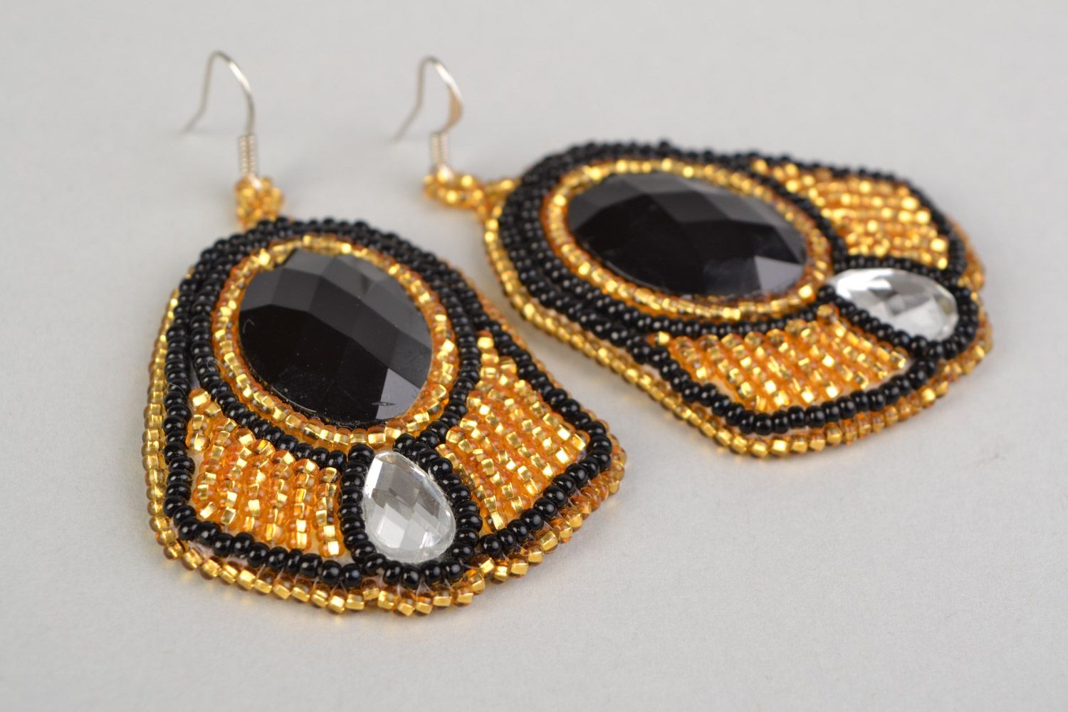 Handmade beaded massive dangling earrings black and golden Southern Night photo 5