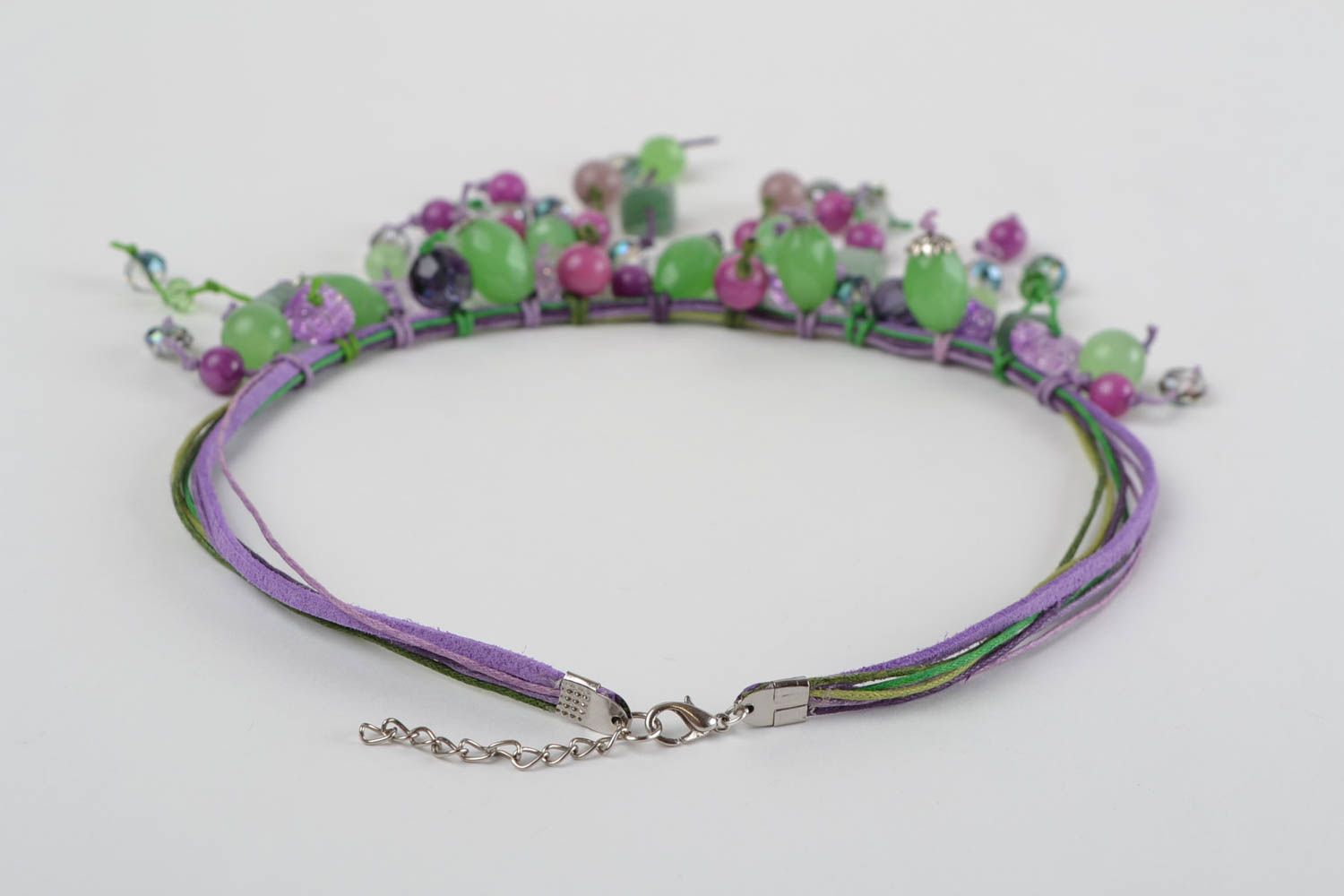 Beautiful handmade leather-based lilac necklace made of natural stones photo 5
