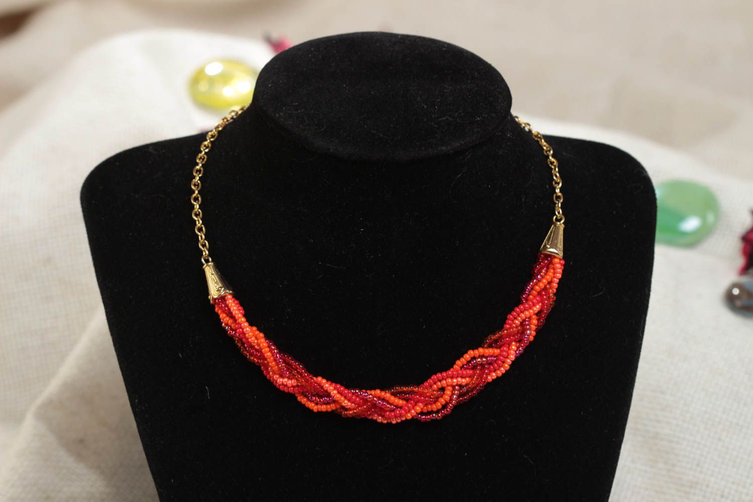 Beautiful stylish handmade children's red beaded necklace on chain photo 1
