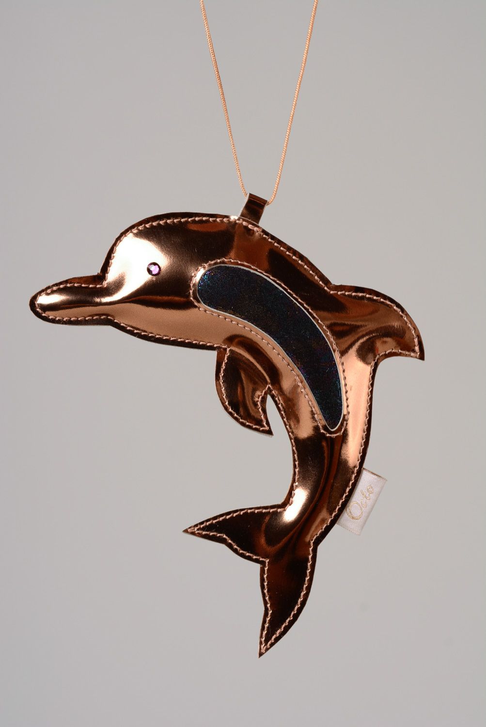 Handmade orange leather keychain for gift Dolphin photo 1