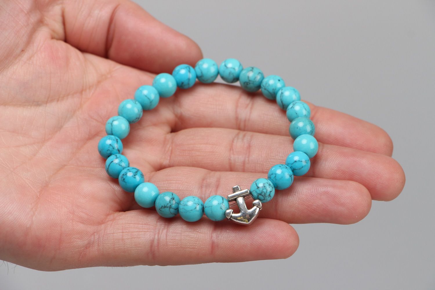 Handmade wrist stretch bracelet with turquoise beads and metal anchor charm photo 3