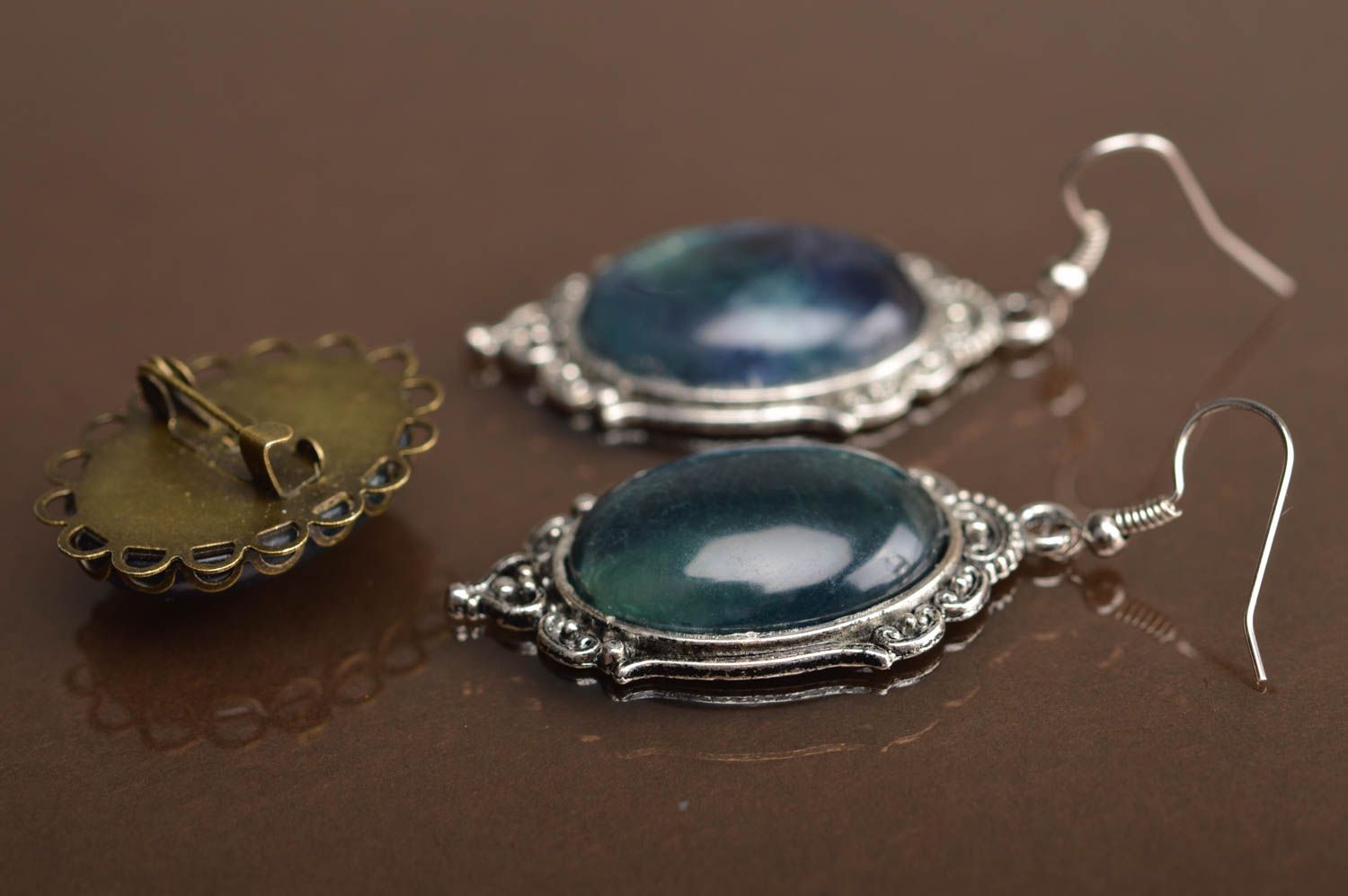 Ensemble de bijoux faits main en pierre naturelle et métal ovales 2 pièces photo 5