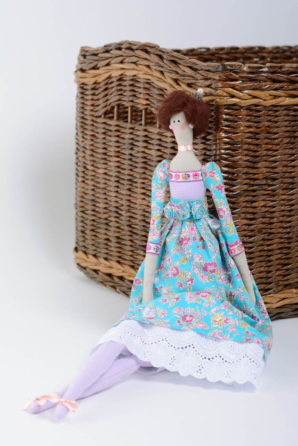 Handmade fabric doll in blue dress beautiful decorative designer interior toy photo 1