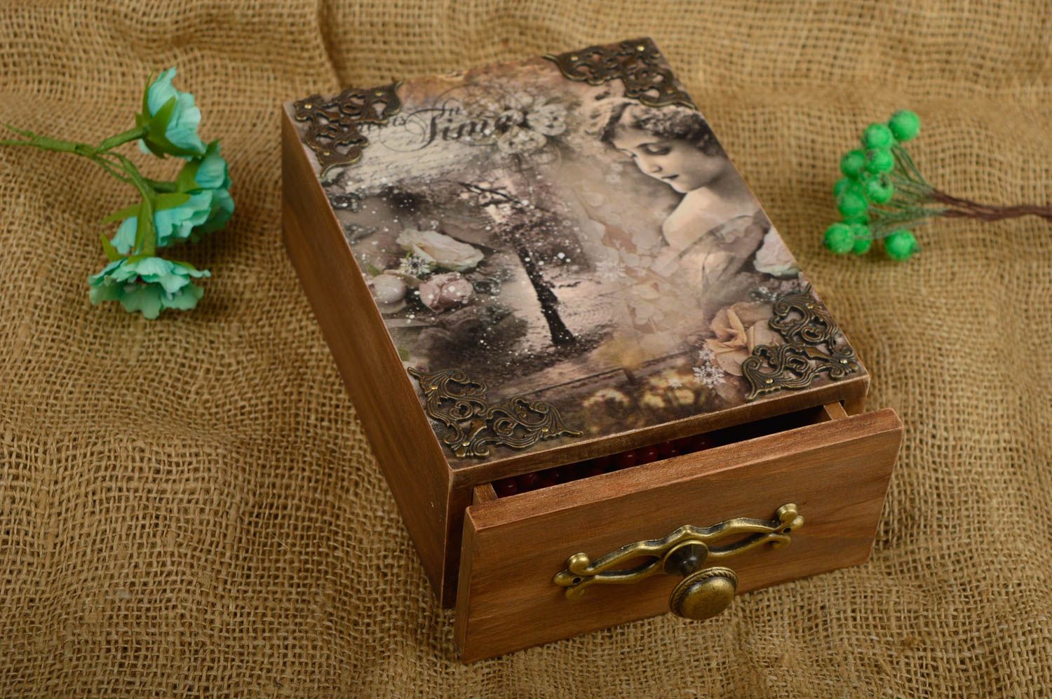 Handmade jewelry box decoupage jewelry box wooden gifts rustic home decor photo 1