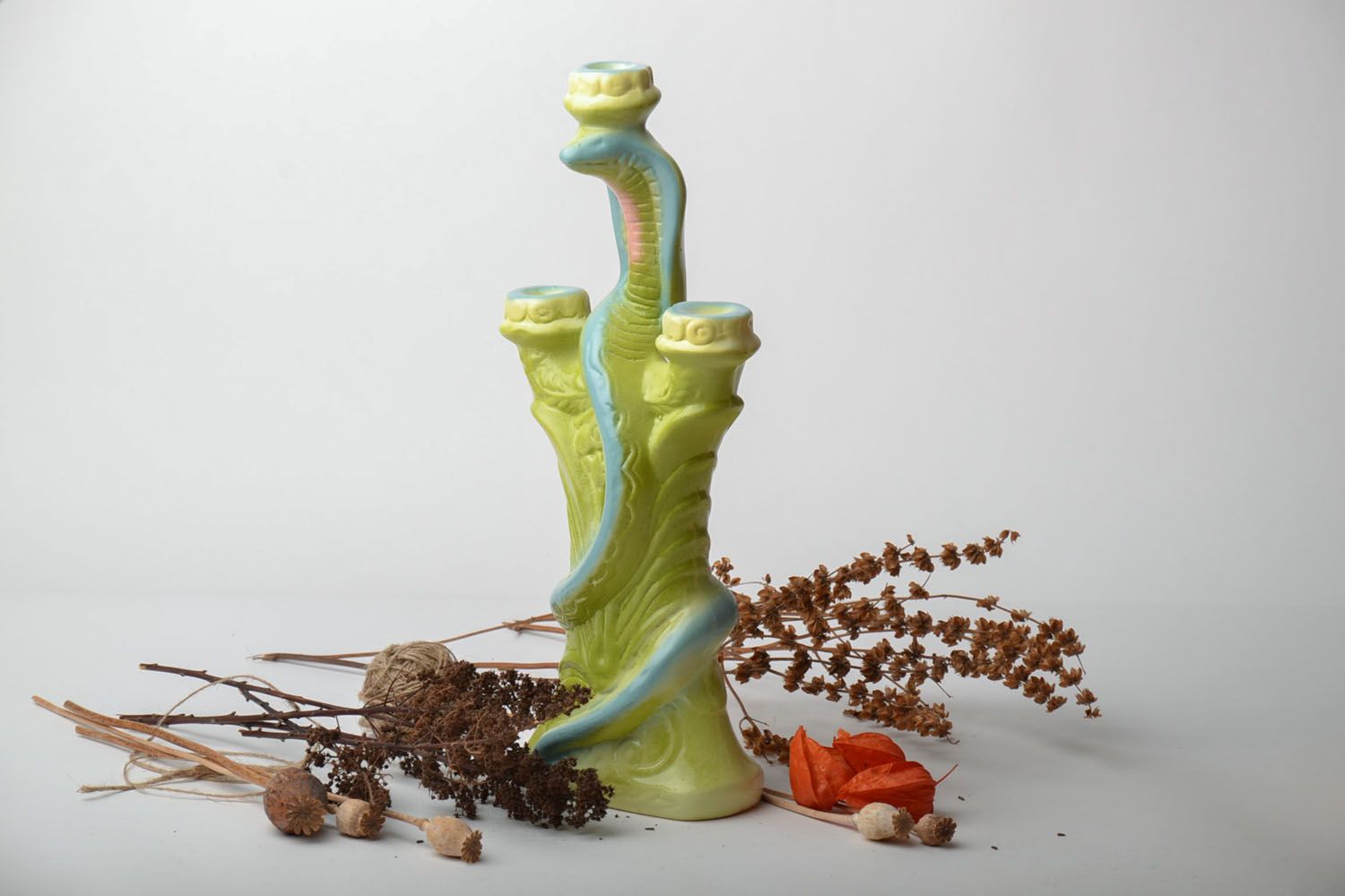 14 inch ceramic candlestick holder in the shape of a green snake 1,88 lb photo 1