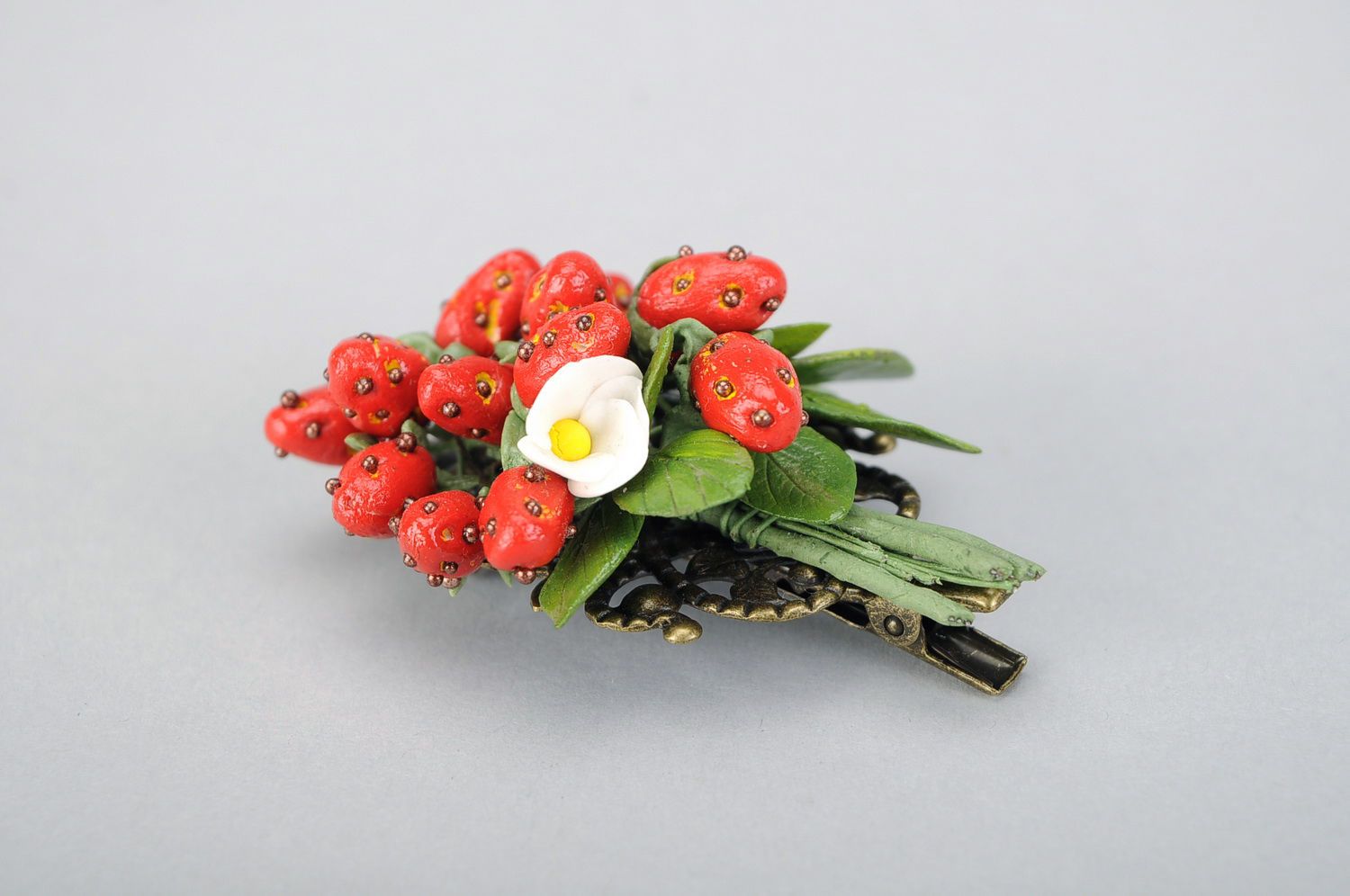 Brooch hairpin made of polymer clay Strawberry photo 2