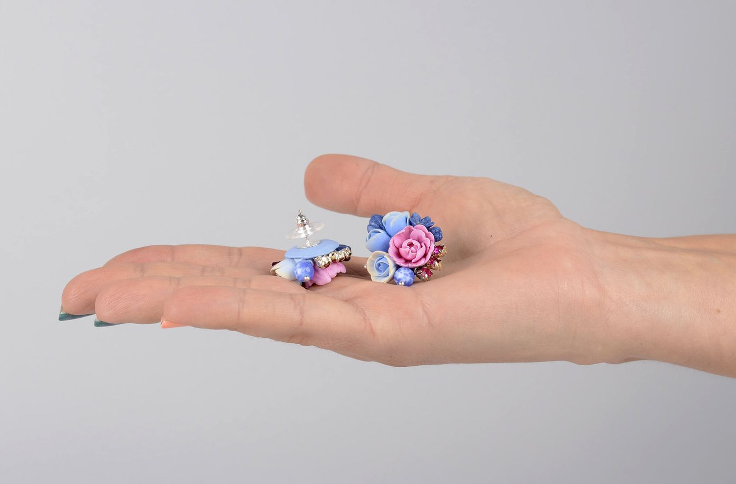 Stud earrings with flowers handmade polymer clay earrings plastic accessories photo 4
