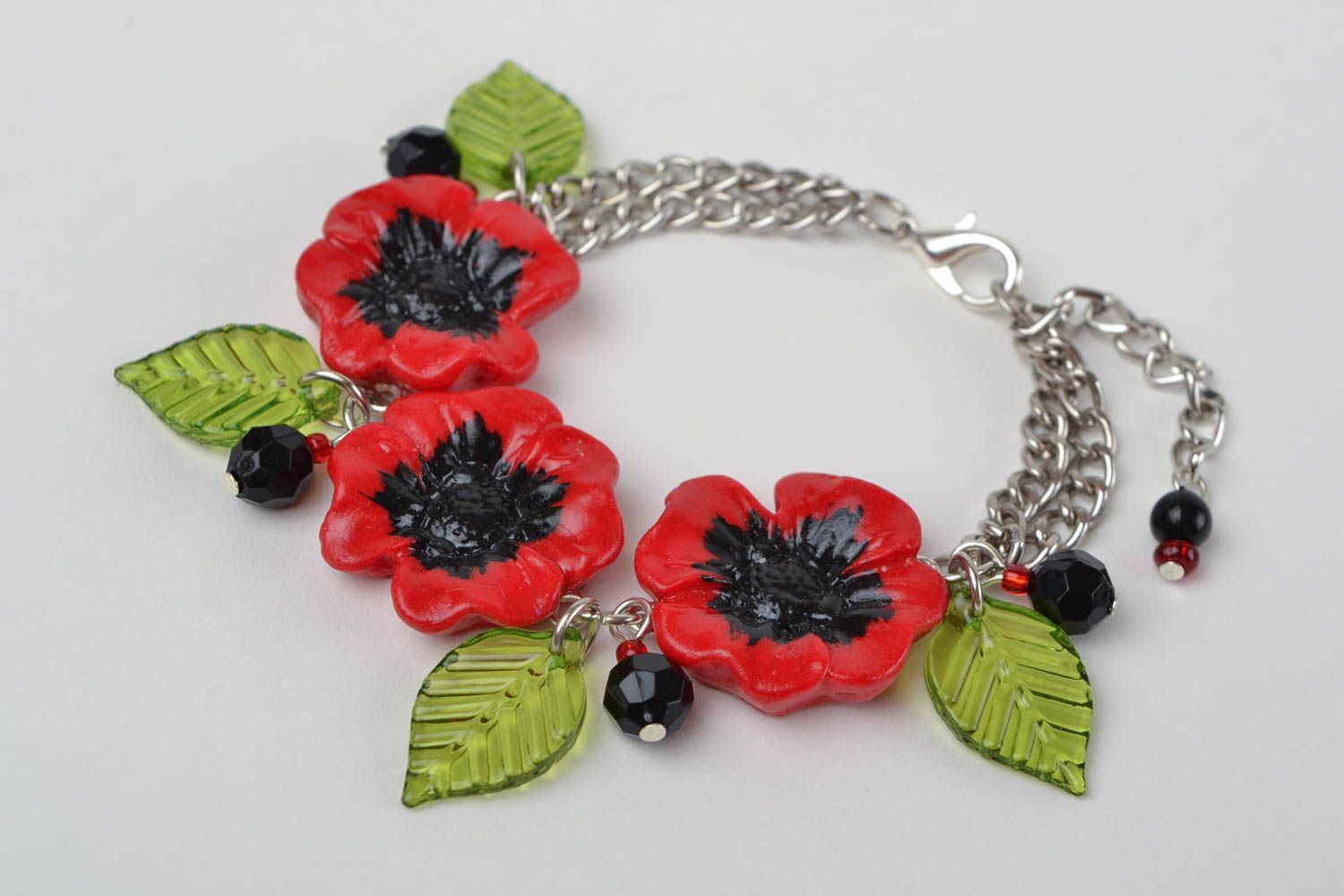 Handmade designer metal chain wrist bracelet with polymer clay red poppy flowers photo 1