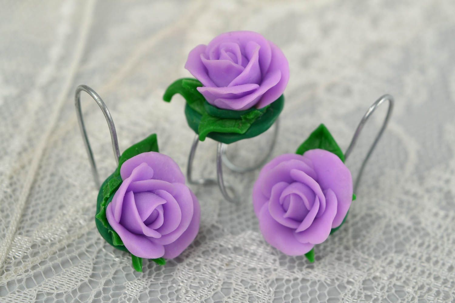 Beautiful polymer clay jewelry set flower ring and earrings Roses photo 1