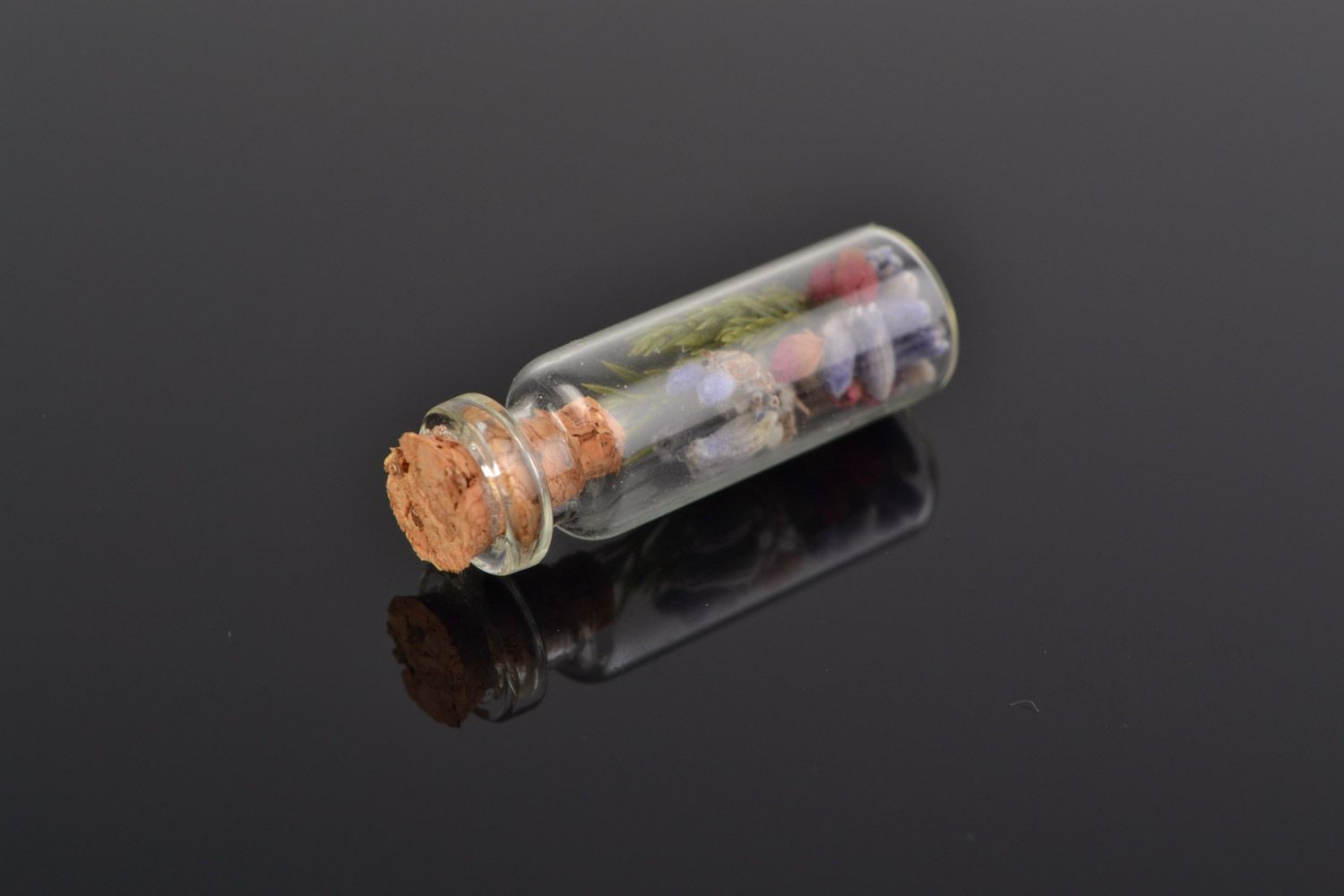 Unusual beautiful handmade small flask pendant with dried flowers inside photo 4